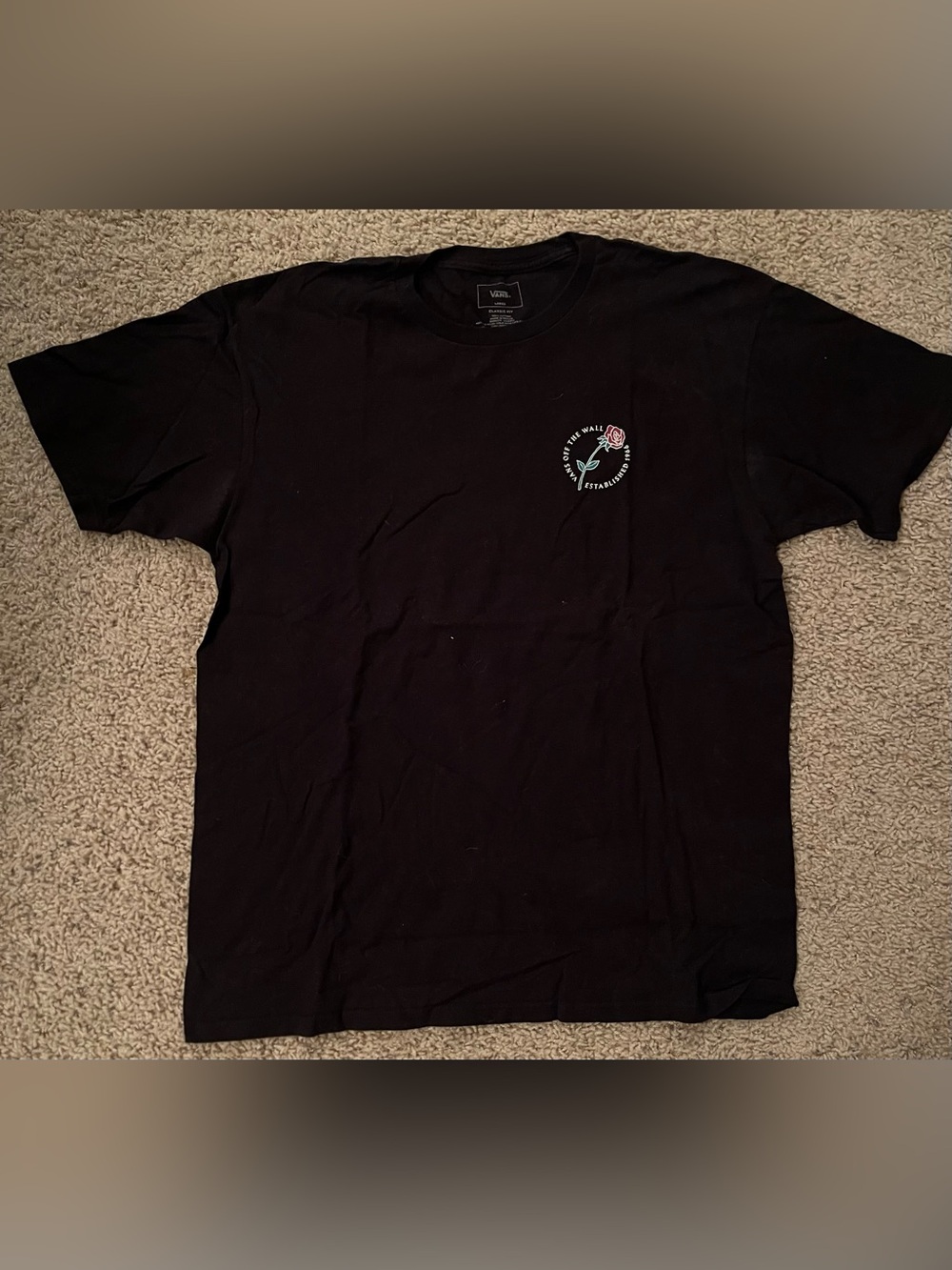 Vans Black Tee with Pink Rose Chest Logo